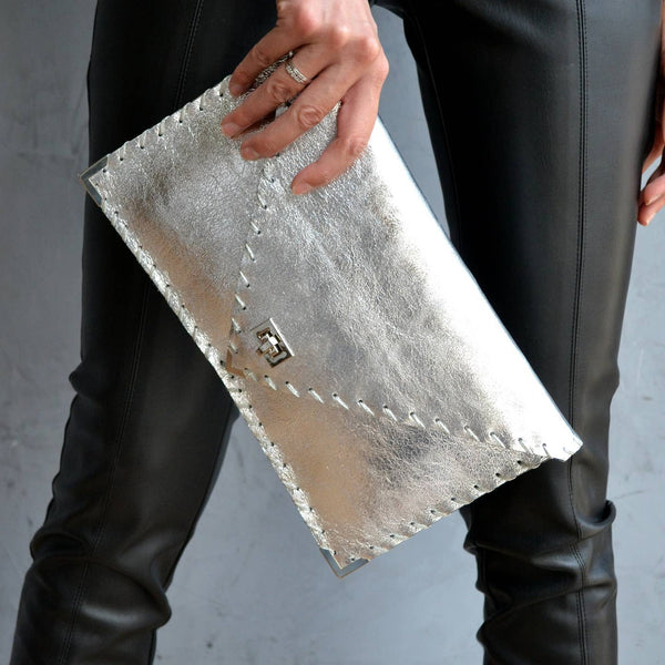 Symmetria Leather Clutch - Silver - Statements Boutique
