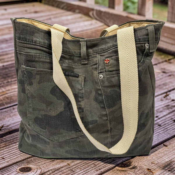 Hudson Upcycled Premium Camo Jean Tote Bag - Gold Dots