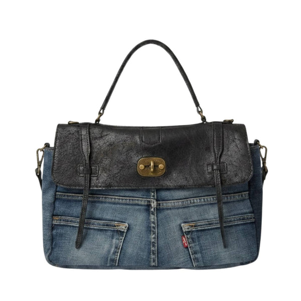 Revival Denim & Vintage Leather Satchel - Black