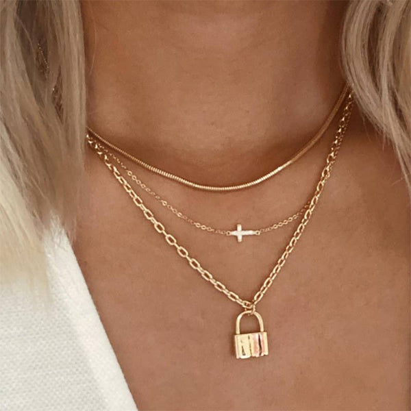 Cross & Lock Layered Necklace