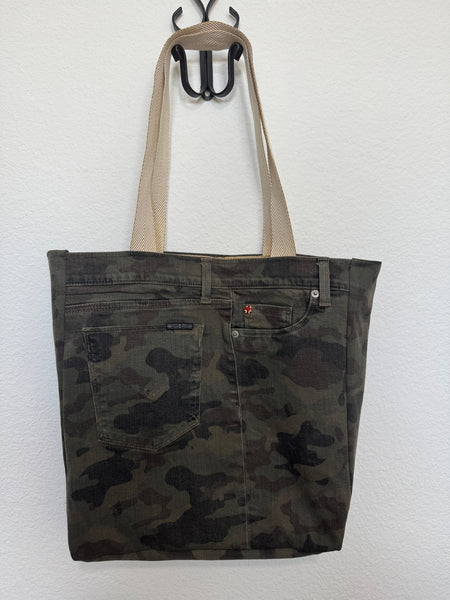 Hudson Upcycled Premium Camo Jean Tote Bag - Gold Dots