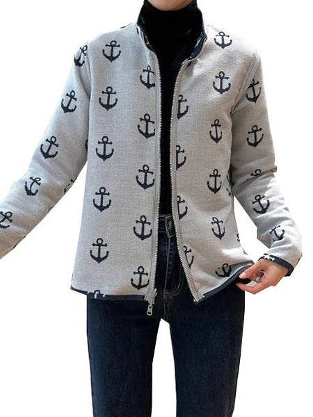 Navy/White Anchors Reversible Zip Sweater
