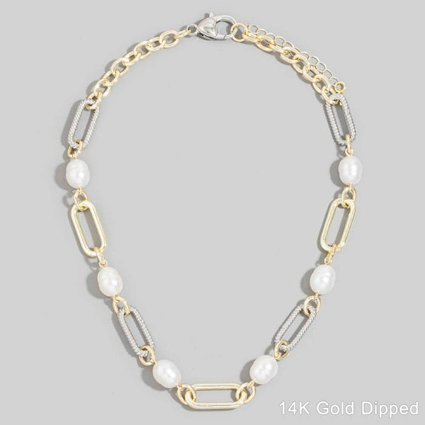 Two Tone Pearl & Paperclip Chain Necklace