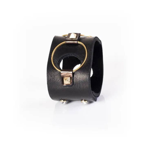 Black Leather Cuff With Gold Rings