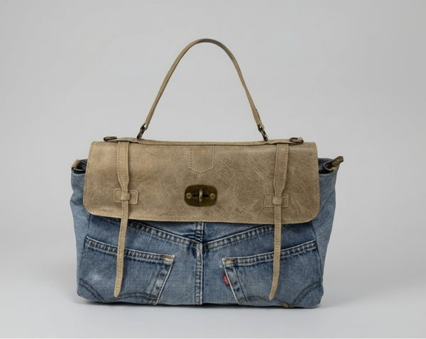 Revival Denim & Vintage Leather Satchel - Taupe