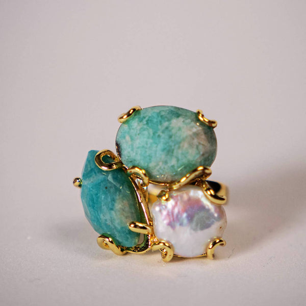 Amazonite & Pearl Adjustable Ring