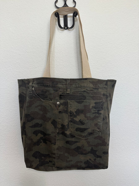Hudson Upcycled Premium Camo Jean Tote Bag - Gold Dots