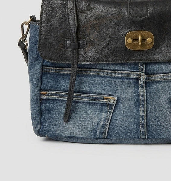 Revival Denim & Vintage Leather Satchel - Black