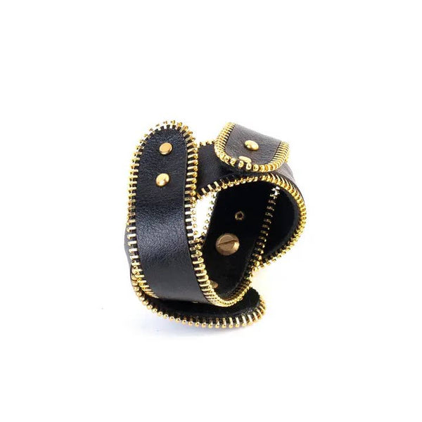 Black Leather Cuff With Gold Zipper Detail
