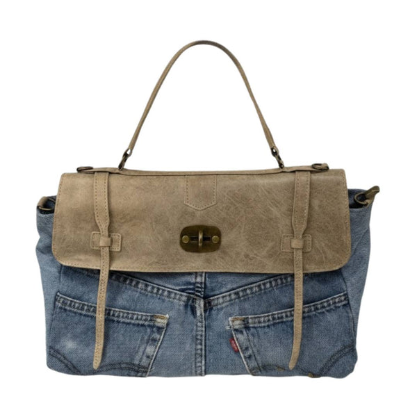 Revival Denim & Vintage Leather Satchel - Taupe