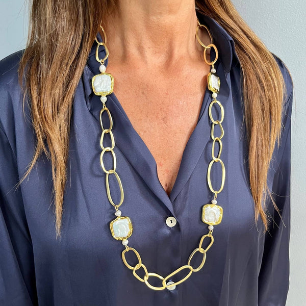 Organic Link Necklace - Large Flat Square Pearls
