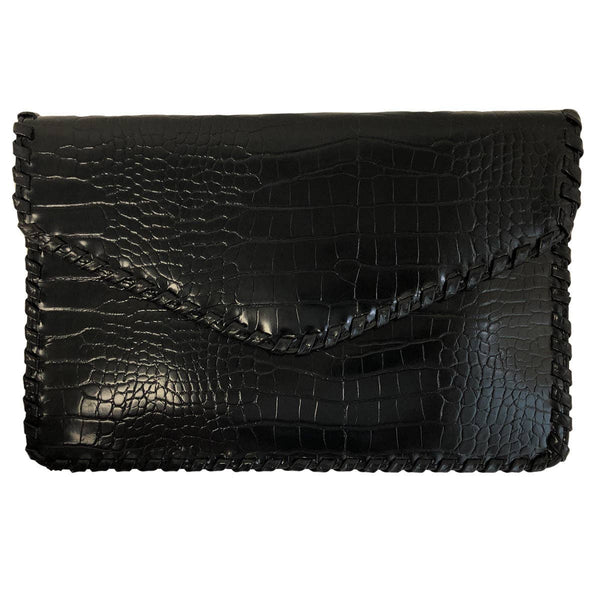 Flat Crocodile Pattern Envelope Clutch - Black - Statements Boutique