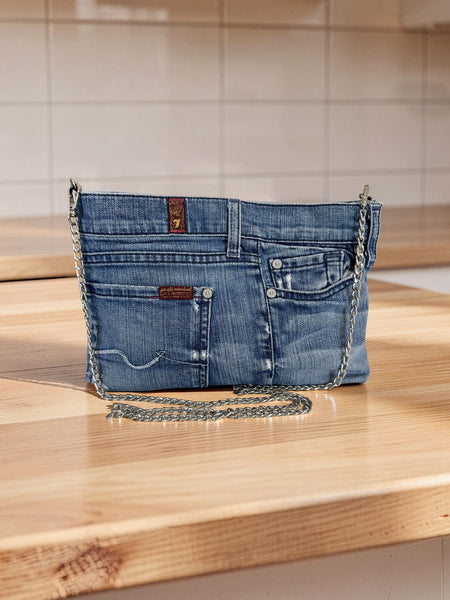 7FAM Upcycled Jean Clutch with Removable Chain