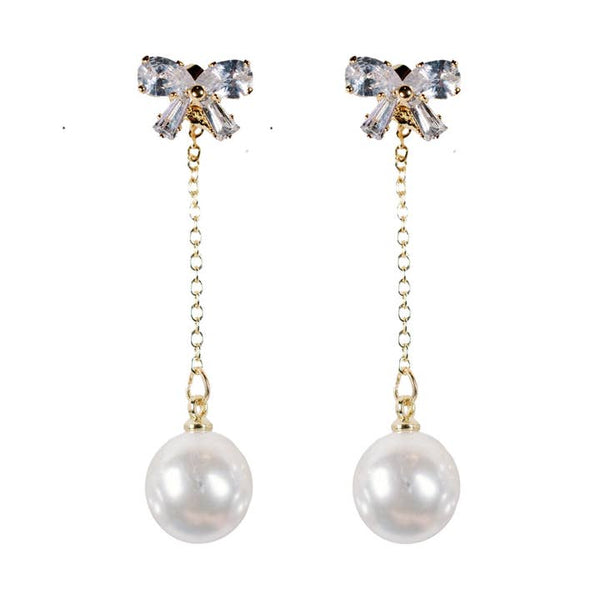 Crystal Bow & Pearl Drop Earrings