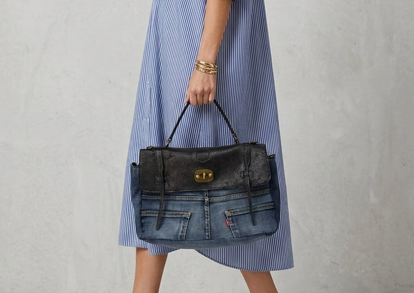 Revival Denim & Vintage Leather Satchel - Black