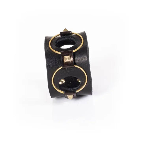 Black Leather Cuff With Gold Rings