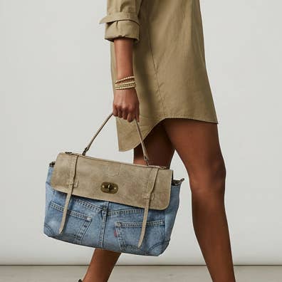 Revival Denim & Vintage Leather Satchel - Taupe