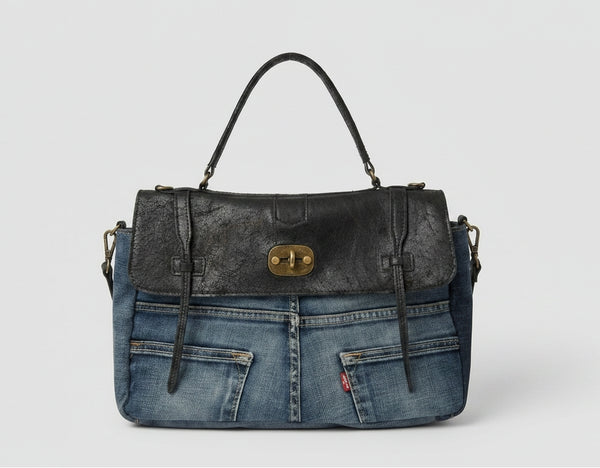 Revival Denim & Vintage Leather Satchel - Black