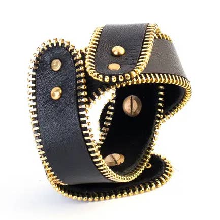 Black Leather Cuff With Gold Zipper Detail
