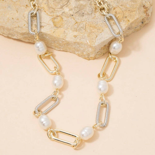 Two Tone Pearl & Paperclip Chain Necklace