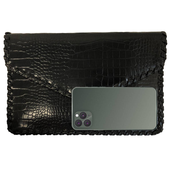 Flat Crocodile Pattern Envelope Clutch - Black - Statements Boutique
