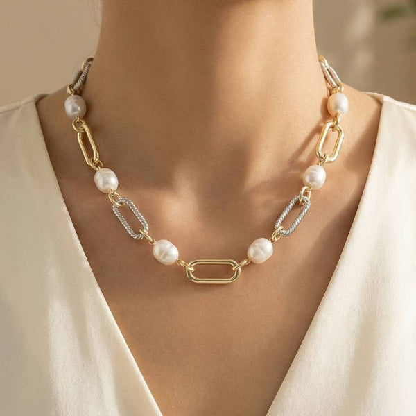 Two Tone Pearl & Paperclip Chain Necklace