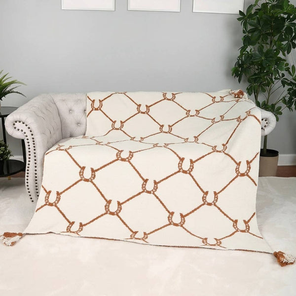 Cozy Horseshoe Pattern Tassel Reversible Throw Blanket