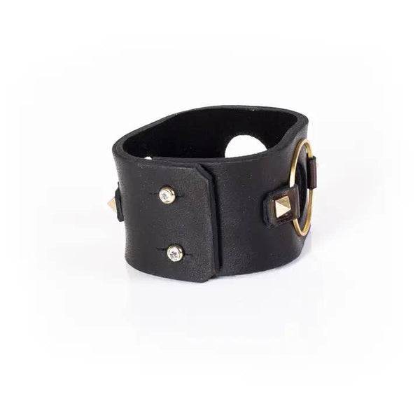 Black Leather Cuff With Gold Rings
