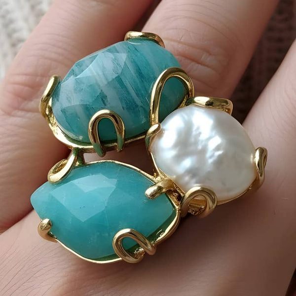 Amazonite & Pearl Adjustable Ring