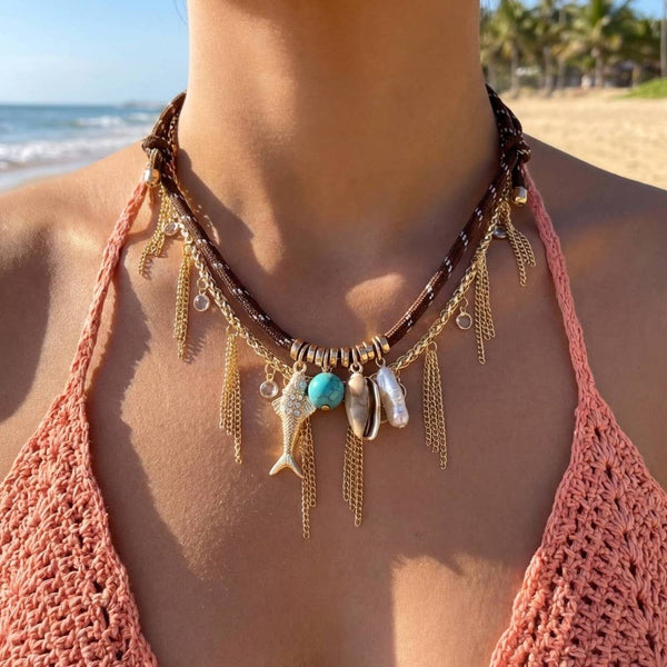Sea Life Charms Chain & Cord Layered Necklace