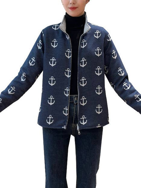 Navy/White Anchors Reversible Zip Sweater