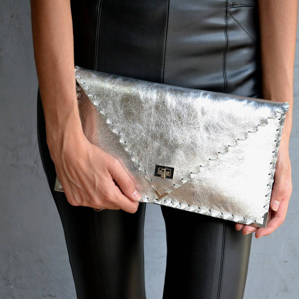 Symmetria Leather Clutch - Silver - Statements Boutique