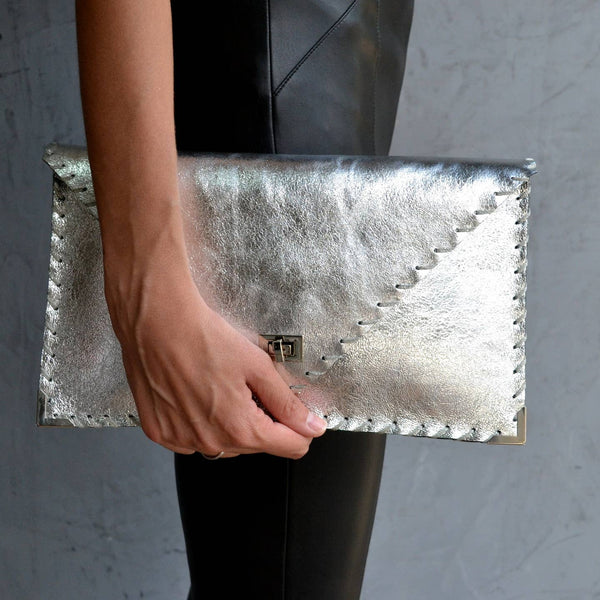 Symmetria Leather Clutch - Silver - Statements Boutique