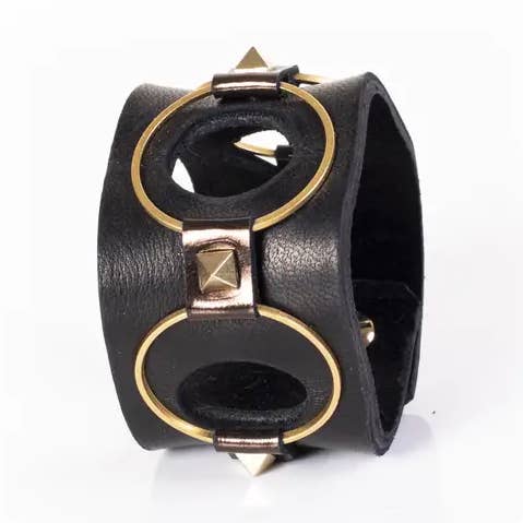 Black Leather Cuff With Gold Rings