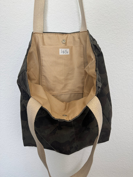 Hudson Upcycled Premium Camo Jean Tote Bag - Gold Dots