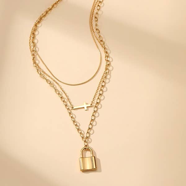 Cross & Lock Layered Necklace