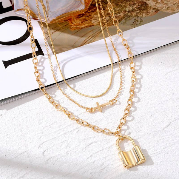Cross & Lock Layered Necklace