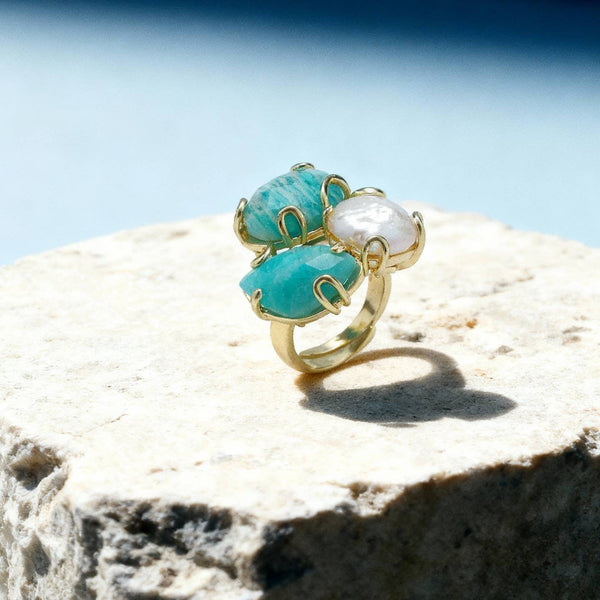 Amazonite & Pearl Adjustable Ring